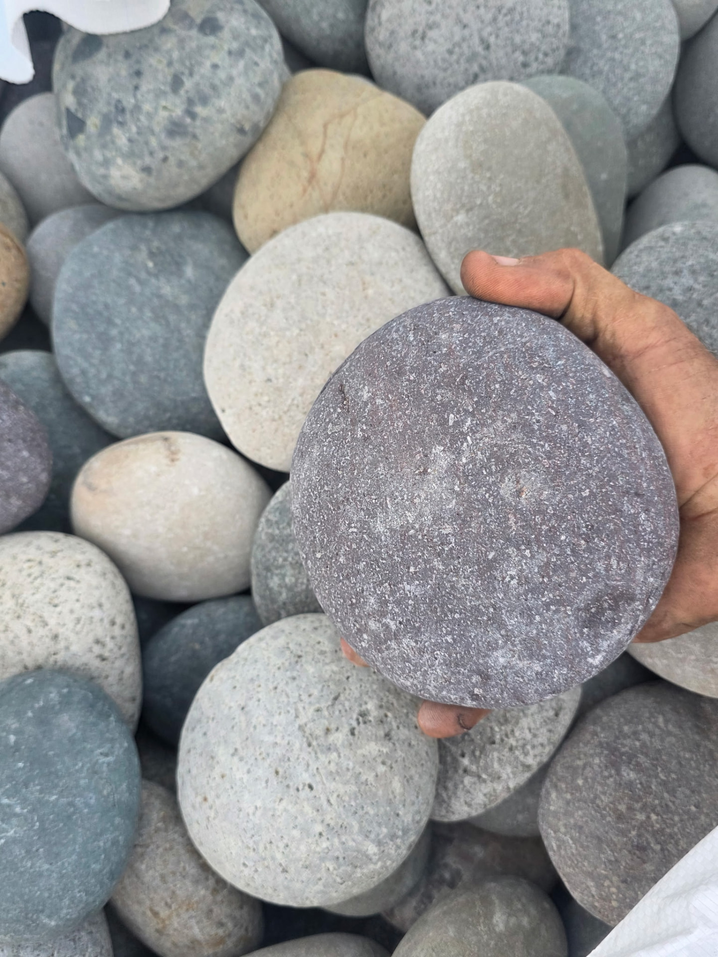 A hand holding a smooth Peruvian beach pebble above a pile of landscape stone